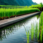 A meticulously designed natural water filtration system, integrated seamlessly into a serene Vietnamese rural landscape. The foreground features crystal-clear water flowing through distinct sections, densely populated with vibrant aquatic plants such as reeds and cattails. Visible layers of natural filtration materials, including clean quartz sand and various sizes of pebbles, are artistically arranged beneath the water's surface. Sunlight gently illuminates the scene, highlighting the system's efficiency and harmony with nature. The overall aesthetic is one of sustainability, environmental health, and innovative green infrastructure. safe for work, appropriate content, fully clothed, family-friendly, professional photography, high quality, perfect anatomy, correct proportions, natural pose, natural body proportions.