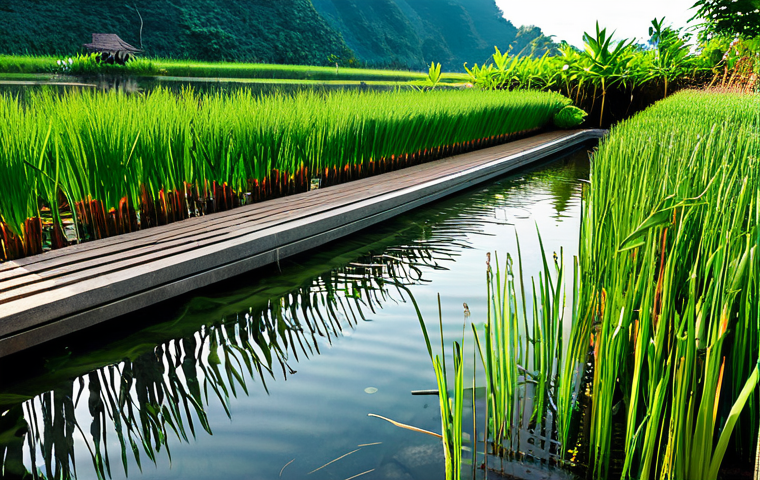 A meticulously designed natural water filtration system, integrated seamlessly into a serene Vietnamese rural landscape. The foreground features crystal-clear water flowing through distinct sections, densely populated with vibrant aquatic plants such as reeds and cattails. Visible layers of natural filtration materials, including clean quartz sand and various sizes of pebbles, are artistically arranged beneath the water's surface. Sunlight gently illuminates the scene, highlighting the system's efficiency and harmony with nature. The overall aesthetic is one of sustainability, environmental health, and innovative green infrastructure. safe for work, appropriate content, fully clothed, family-friendly, professional photography, high quality, perfect anatomy, correct proportions, natural pose, natural body proportions.