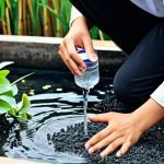 A person with a focused, positive expression, dressed in modest, clean casual attire, gently pouring water into a multi-layered natural water filtration system built from clear containers. The system clearly displays distinct layers of sand, gravel, and activated charcoal, with small, vibrant aquatic plants like water hyacinth or lotus carefully placed on the surface. The setting is a bright, clean outdoor area, possibly a patio or garden in a Vietnamese rural home. Sunlight subtly highlights the clear water already collected at the bottom of the system, symbolizing purity and sustainability. The background shows a peaceful, well-maintained home environment. safe for work, appropriate content, fully clothed, family-friendly, perfect anatomy, correct proportions, natural pose, well-formed hands, proper finger count, natural body proportions, professional photography, high quality.