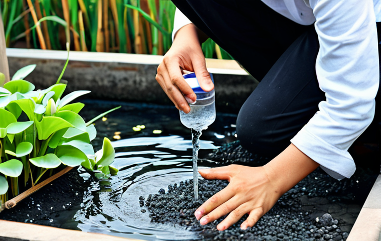 A person with a focused, positive expression, dressed in modest, clean casual attire, gently pouring water into a multi-layered natural water filtration system built from clear containers. The system clearly displays distinct layers of sand, gravel, and activated charcoal, with small, vibrant aquatic plants like water hyacinth or lotus carefully placed on the surface. The setting is a bright, clean outdoor area, possibly a patio or garden in a Vietnamese rural home. Sunlight subtly highlights the clear water already collected at the bottom of the system, symbolizing purity and sustainability. The background shows a peaceful, well-maintained home environment. safe for work, appropriate content, fully clothed, family-friendly, perfect anatomy, correct proportions, natural pose, well-formed hands, proper finger count, natural body proportions, professional photography, high quality.