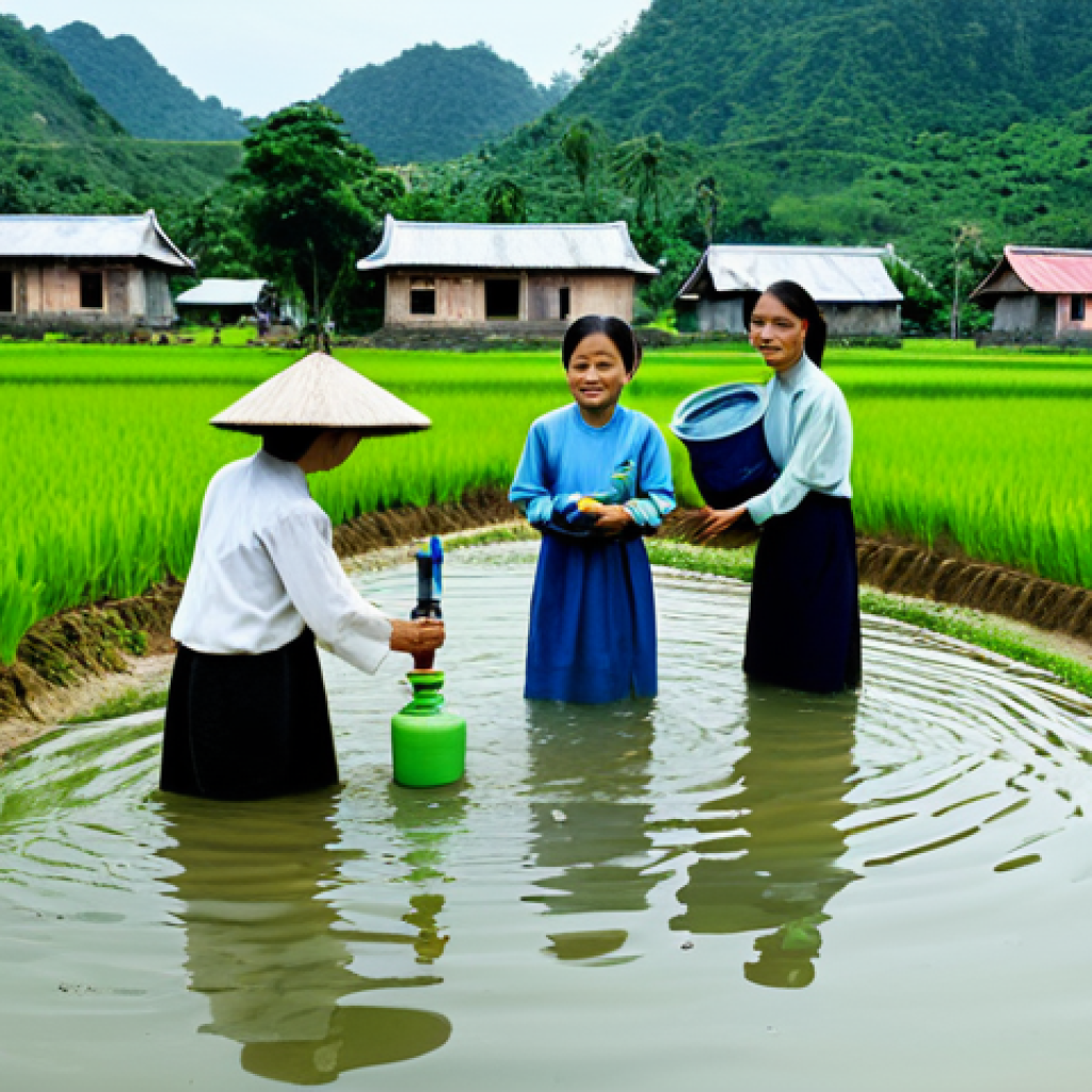자연형 물 정화 시스템과 지역 사회의 연계 - A rural Vietnamese village scene featuring a newly installed natural water filtration system. Villa...