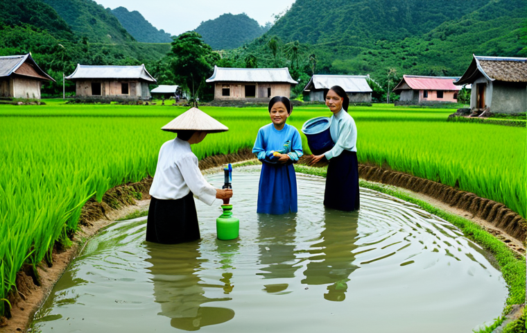 자연형 물 정화 시스템과 지역 사회의 연계 - A rural Vietnamese village scene featuring a newly installed natural water filtration system. Villa...