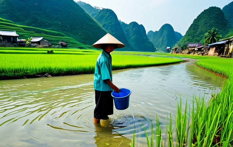 자연형 물 정화 시스템에서의 수질 모니터링 기법 - **Image Prompt 1: Deceptive Clarity in Vietnamese Nature**
A wide, cinematic shot of a pristine,...