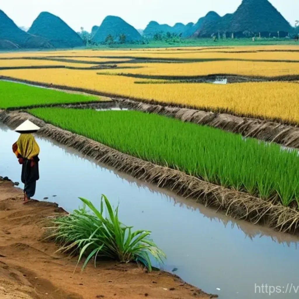 자연형 물 정화 시스템에서의 물 재이용 - **Prompt:** A poignant, realistic image of a severely drought-stricken rural landscape in the Mekong...