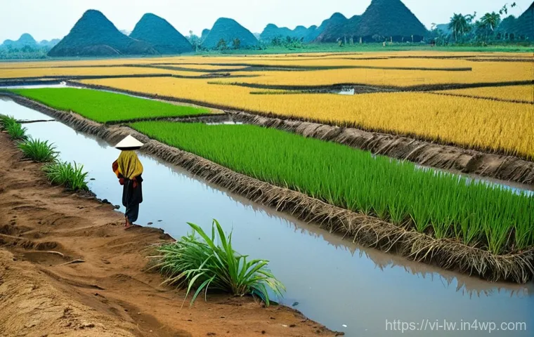 자연형 물 정화 시스템에서의 물 재이용 - **Prompt:** A poignant, realistic image of a severely drought-stricken rural landscape in the Mekong...