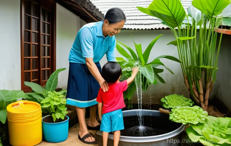 자연형 물 정화 시스템에서의 물 재이용 - **Prompt:** A vibrant, lush scene showcasing a beautifully integrated natural water filtration syste...