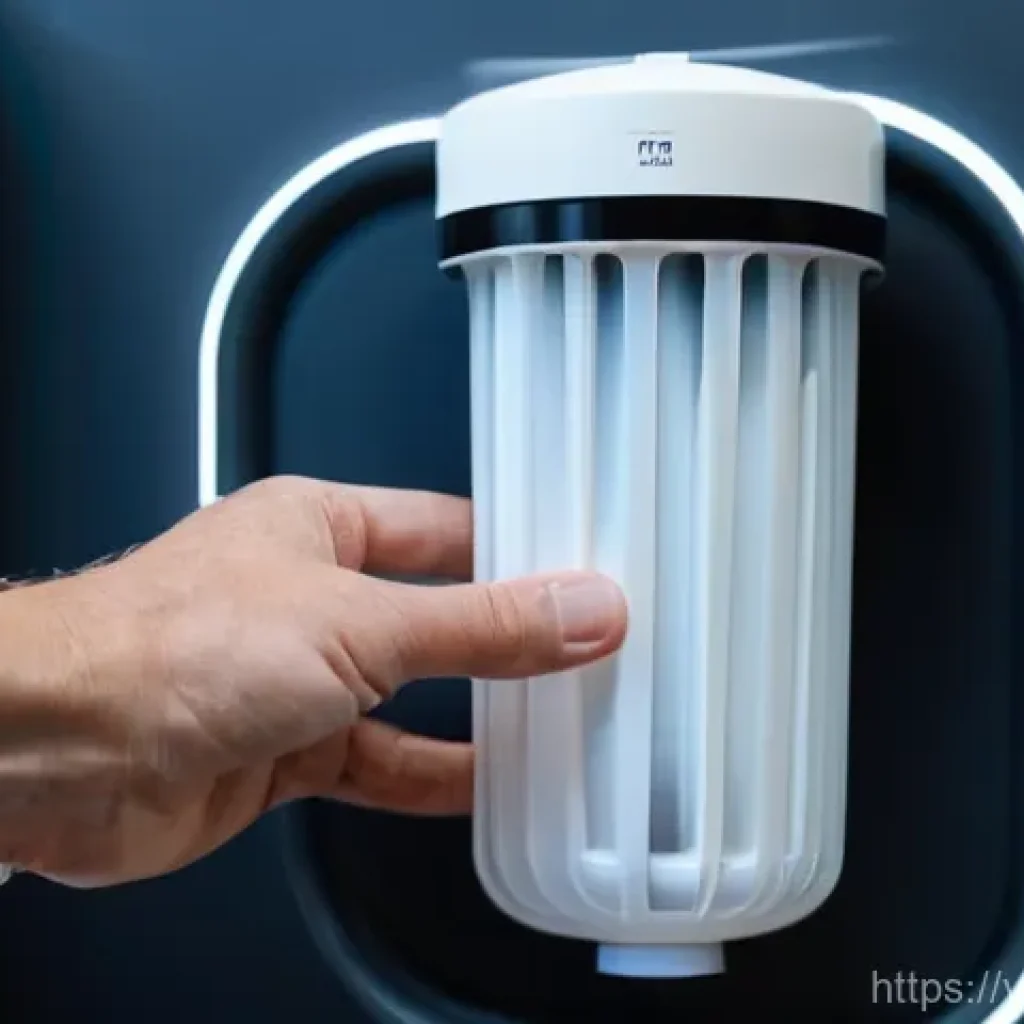 자연형 물 정화 시스템의 설치 후 유지관리 체크리스트 - **Prompt:** A close-up shot of an adult's hands carefully replacing a water filter cartridge in a ho...