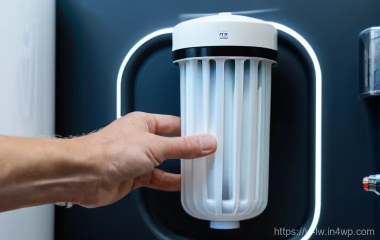 자연형 물 정화 시스템의 설치 후 유지관리 체크리스트 - **Prompt:** A close-up shot of an adult's hands carefully replacing a water filter cartridge in a ho...