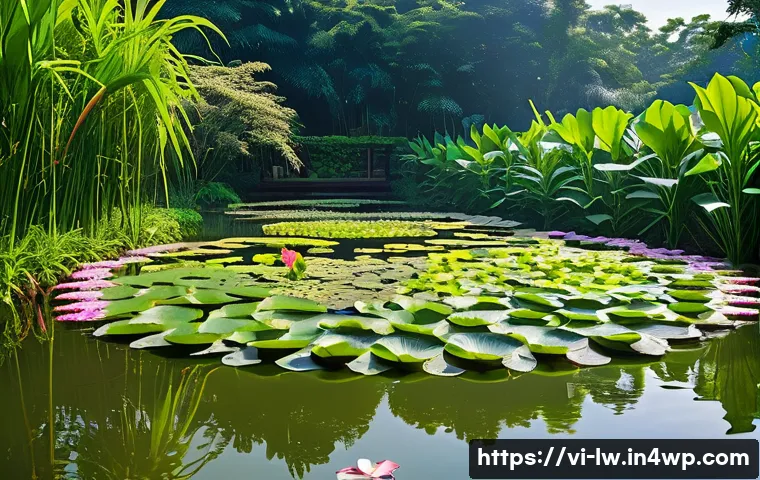 자연형 물 정화 시스템에서의 생물학적 필터링 기법 - **A vibrant and serene natural water purification pond in a Vietnamese ecological garden.** The pond...