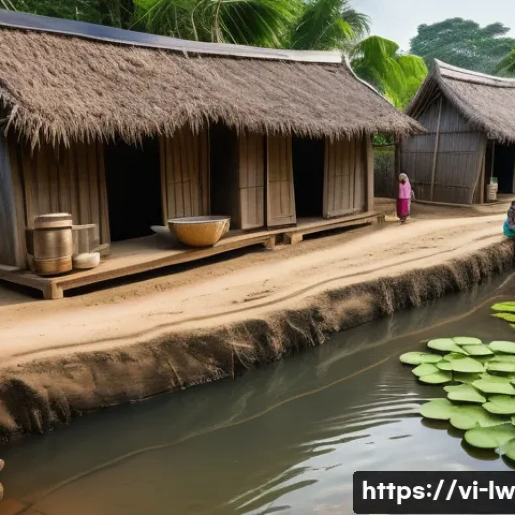 자연형 물 정화 시스템의 수익성 분석 - A rural Vietnamese village scene showcasing a natural water filtration system built with layers of s...