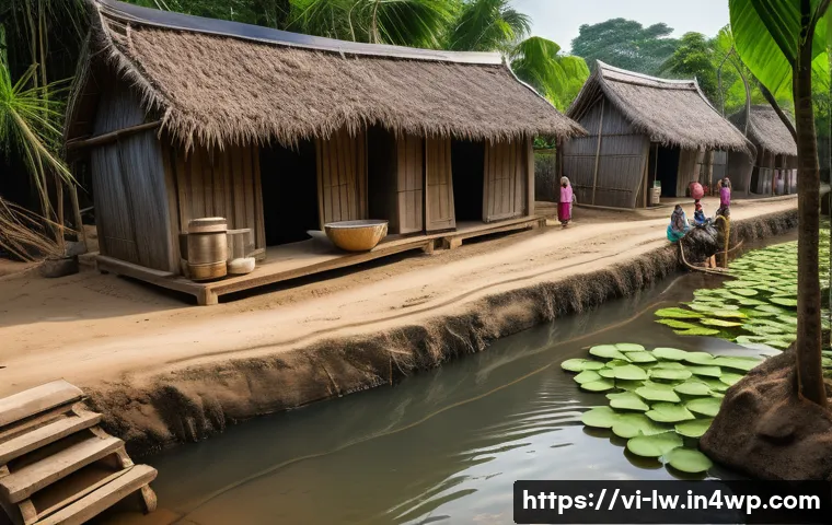 자연형 물 정화 시스템의 수익성 분석 - A rural Vietnamese village scene showcasing a natural water filtration system built with layers of s...