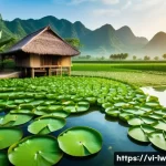 Home 23 자연형 물 정화 시스템의 장단점 분석 - A serene natural water filtration pond in a rural Vietnamese landscape, featuring lush green water h...