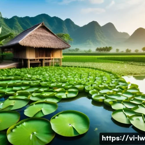 Home 17 자연형 물 정화 시스템의 장단점 분석 - A serene natural water filtration pond in a rural Vietnamese landscape, featuring lush green water h...