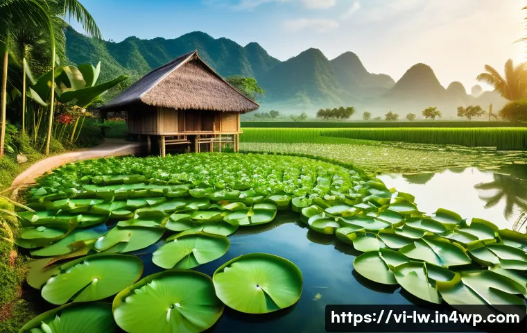 자연형 물 정화 시스템의 장단점 분석 - A serene natural water filtration pond in a rural Vietnamese landscape, featuring lush green water h...
