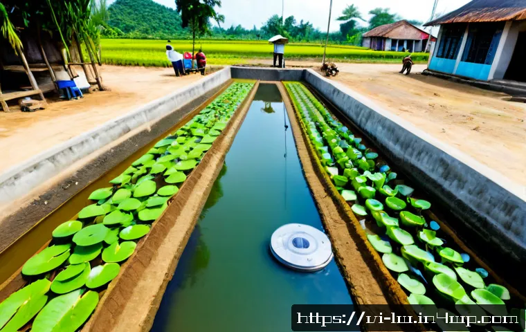 Home 17 자연형 물 정화 시스템의 경제적 지속 가능성 - Photorealistic wide-angle view of a cost-effective natural water purification system in rural Vietna...